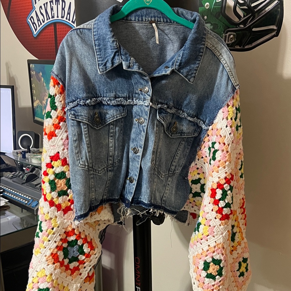 Free People Cropped Denim Jacket with Crochet Multicolor Sleeves - Picture 4 of 5